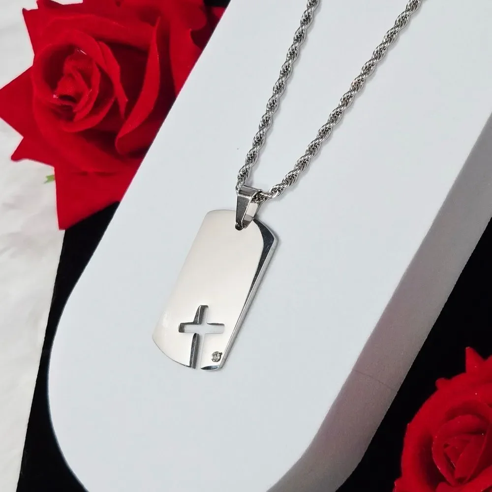 Men’s Stainless Steel Cross Dog Tag Necklace – 24” Rope Chain Christian Faith
